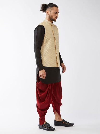 Men's Black Silk Blend Straight Jacket  Kurta and Dhoti Set