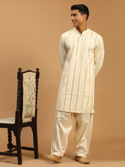 Men's Cream Viscose Straight Kurta and Patiala Set