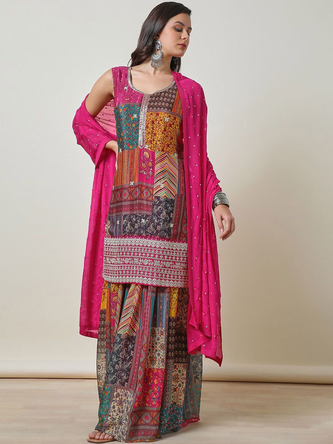 Dhiyona SO Women's Ethnic Motifs Printed Zardozi Straight Kurta & Sharara With Dupatta