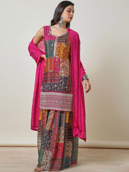 Dhiyona SO Women's Ethnic Motifs Printed Zardozi Straight Kurta & Sharara With Dupatta