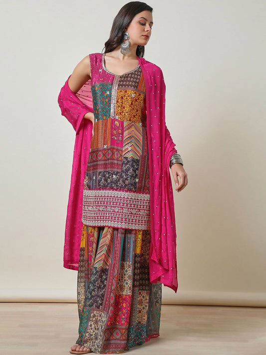 Dhiyona SO Women's Ethnic Motifs Printed Zardozi Straight Kurta & Sharara With Dupatta