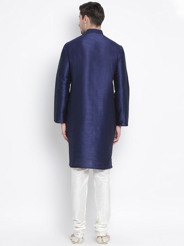 Men's Dark Blue Silk Blend Straight Kurta Pyjama Set