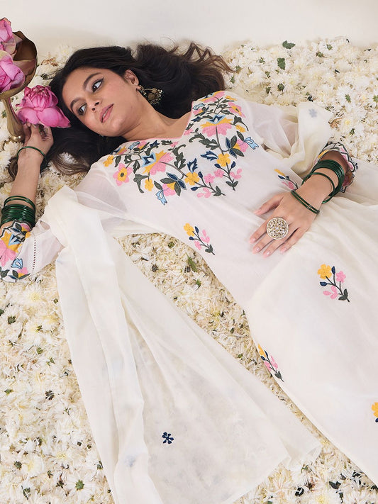 Floral Embroidered V-Neck Thread Work Pure Cotton Kurta & Trousers With Dupatta