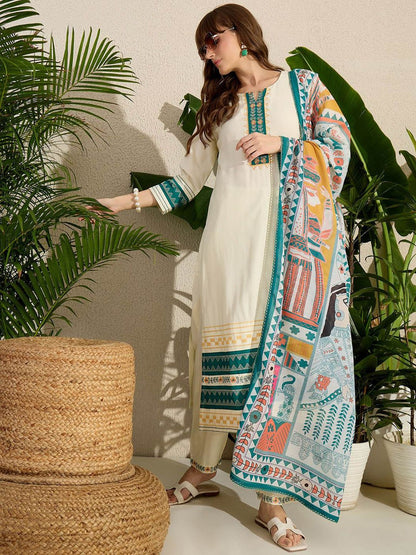 Ethnic Motifs Embroidered Thread Work Kurta with Trousers & With Dupatta