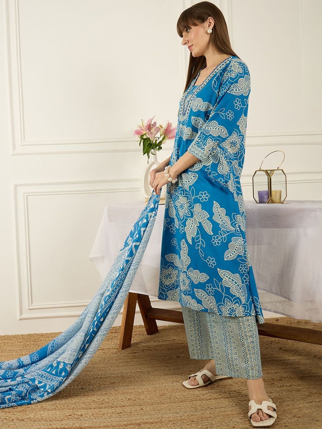 Floral Printed V-Neck Regular Pure Cotton A-Line Kurta With Trousers & Dupatta