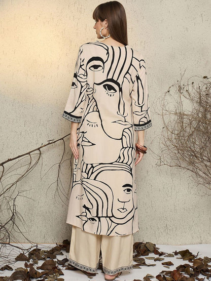 Women Abstract Printed Regular Straight Kurta with Trousers