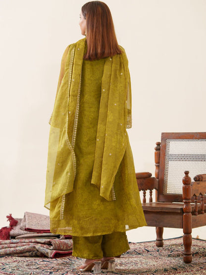 Dhiyona PD Women Ethnic Motif Woven Design Sequinned Straight Kurta With Trouser & Dupatta