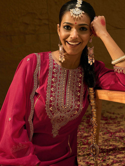 Dhiyona IE Ethnic Motifs Yoke Design Thread Work Liva Straight Kurta With Trousers & Dupatta