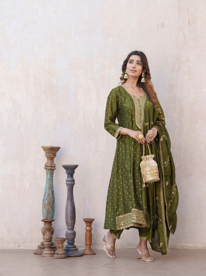Dhiyona PD Women Bandhani Printed Panelled Anarkali Kurta With Trouser & Dupatta