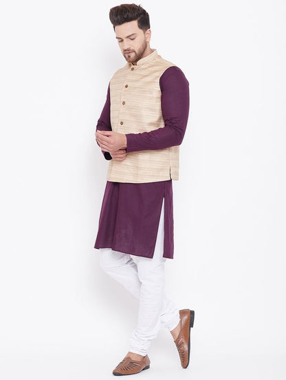 Men's Purple Cotton Blend Straight Jacket  Kurta and Pyjama Set
