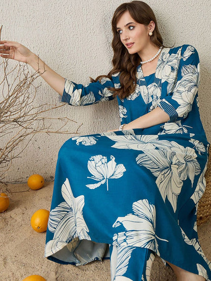 Dhiyona IE Floral Printed Square Neck Tunic With Trousers