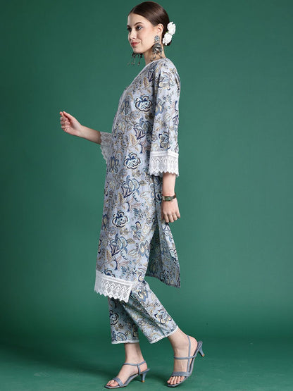 Dhiyona IE Women Floral Printed Regular Pure Cotton Kurta with Trousers