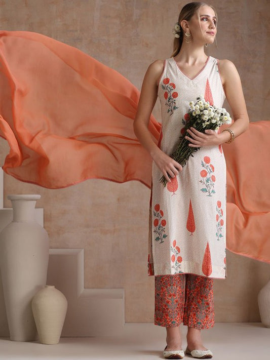 Women's Floral Printed Pure Cotton Straight Kurta with Palazzos & With Dupatta