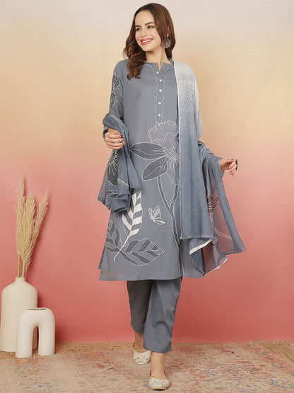 Dhiyona SN Women's Floral Printed Cotton Kurta with Trousers & Dupatta