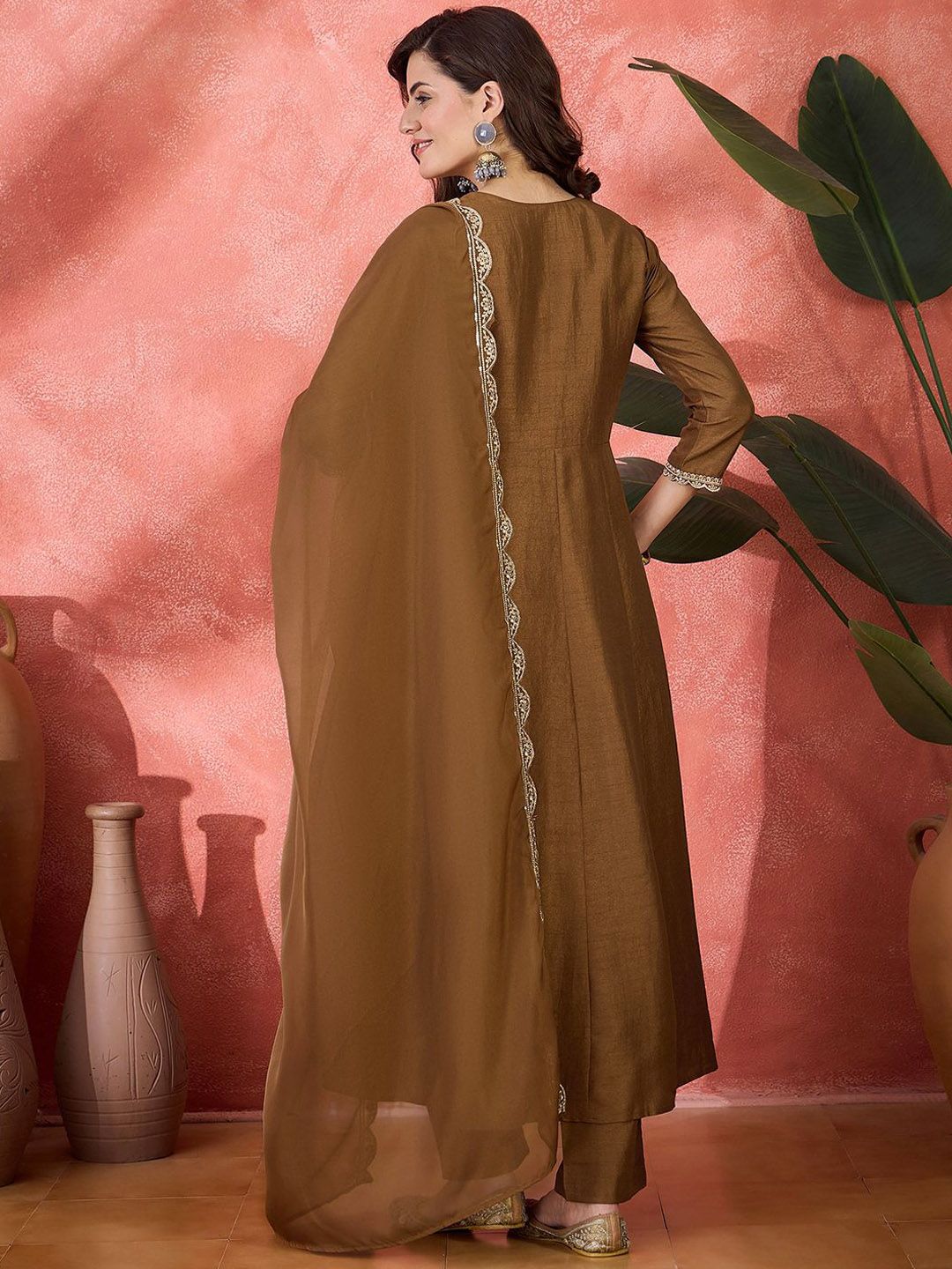 Dhiyona SN Women's Embroidered V-Neck Kurta, Trousers & Dupatta Set