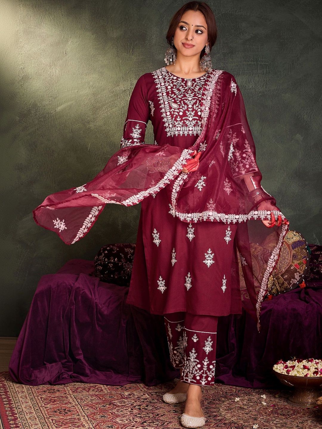 Women Ethnic Motifs Embroidered Regular Thread Work Kurta with Trousers & With Dupatta