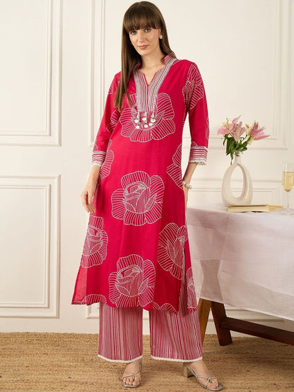 Dhiyona IE Printed V-Neck Three-Quarter Sleeves Pure Cotton Tunic And Trousers