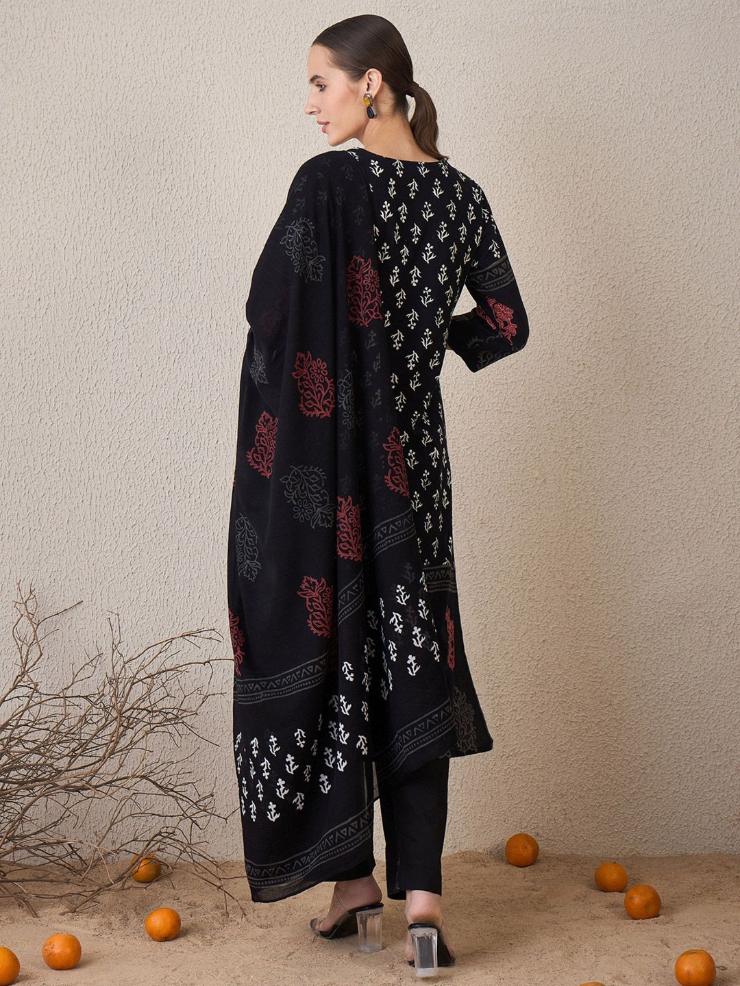 Floral Printed V-Neck Pure Cotton Straight Kurta With Trouser & Dupatta