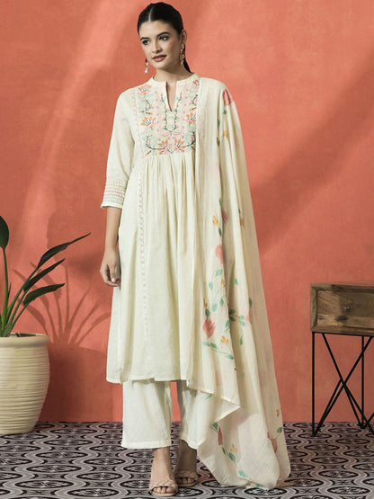 Dhiyona SN Women's Floral Embroidered Mandarin Collar Cotton A-Line Kurta With Trouser & Dupatta
