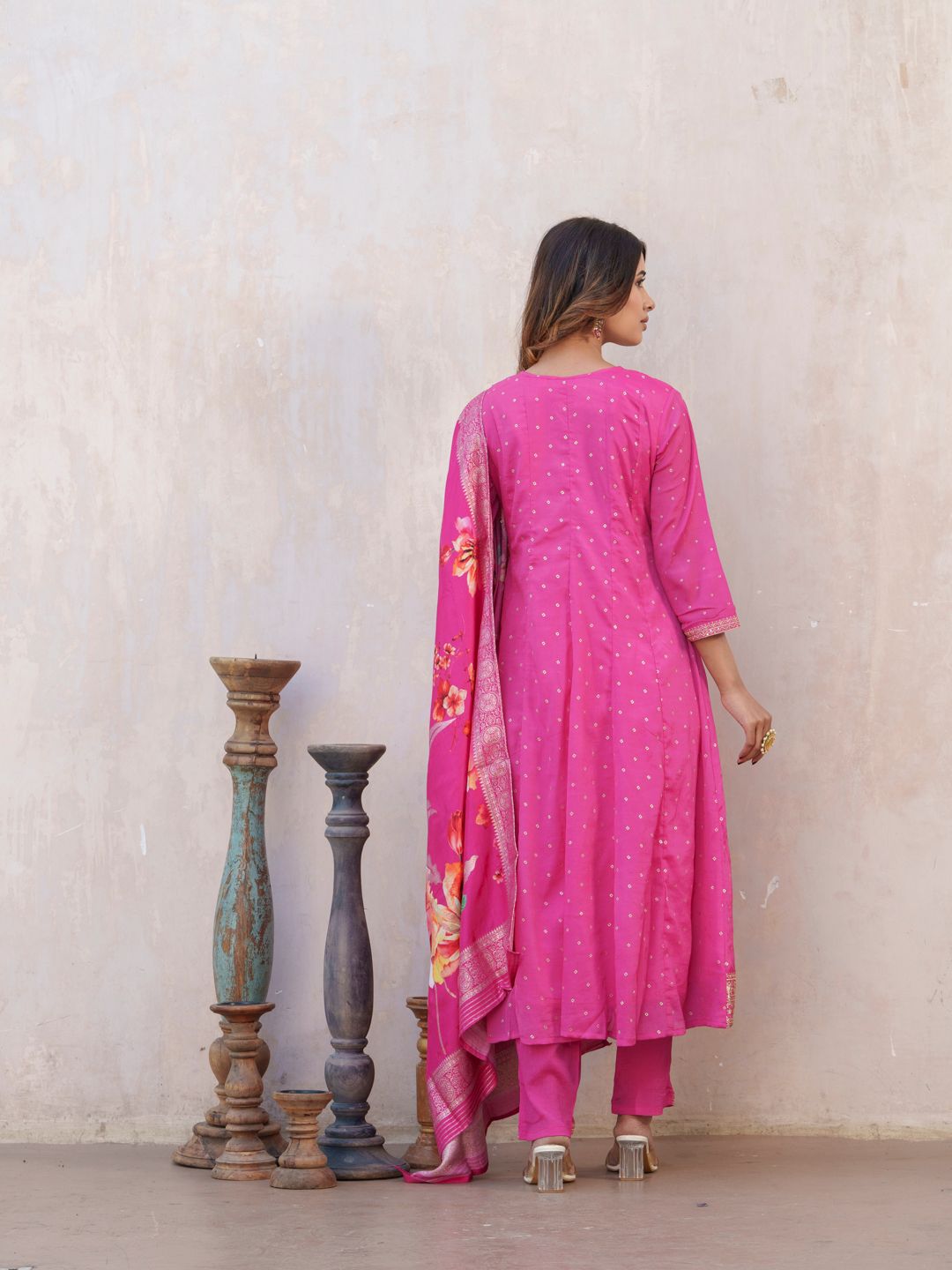 Dhiyona PD Women Bandhani Printed V-Neck Panelled Anarkali Kurta With Trouser & Dupatta