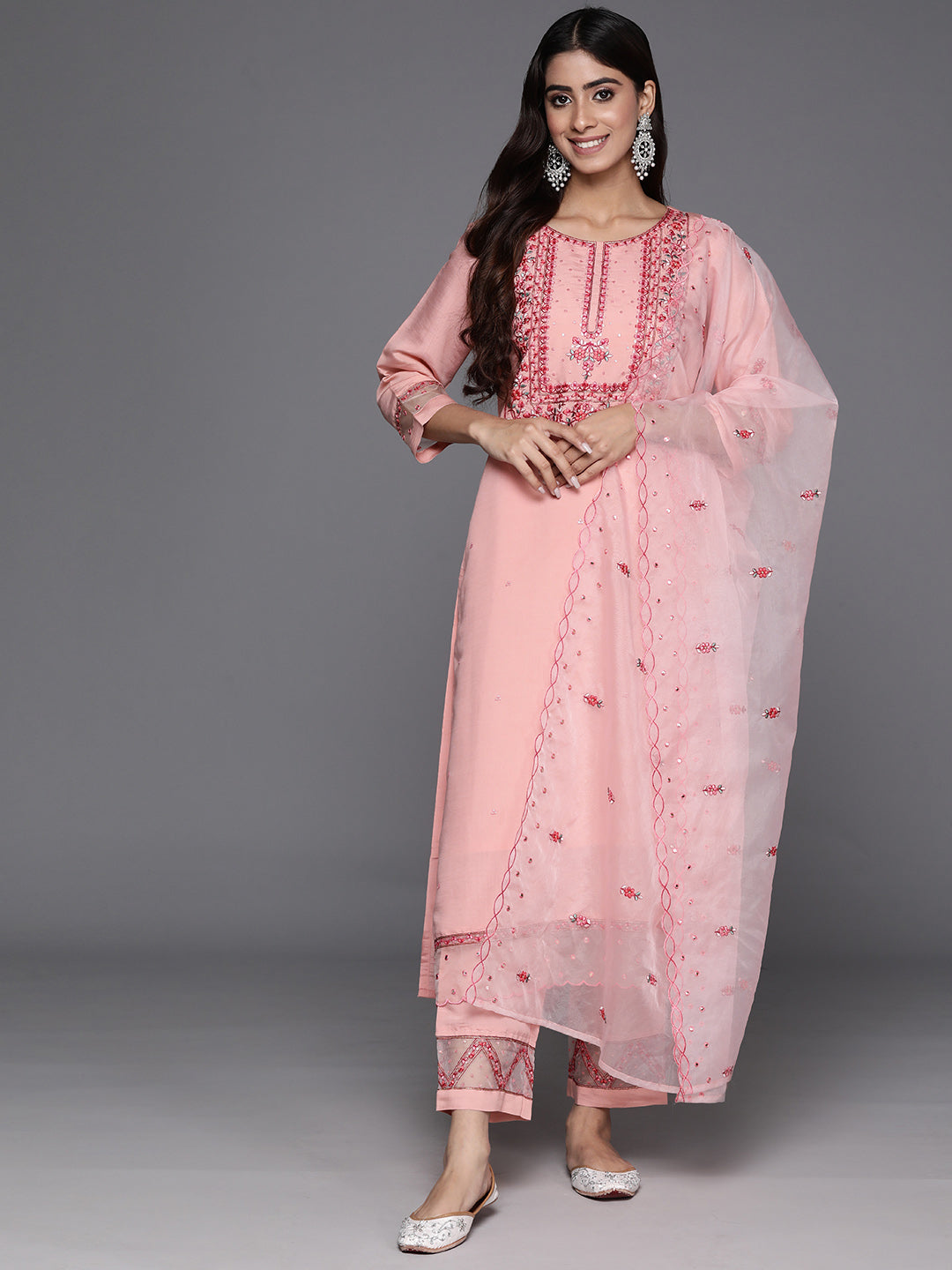 Dhiyona VR Women's Peach Embroidered Straight Kurta Paired With Tonal Bottom And Organza Embroidered Dupatta