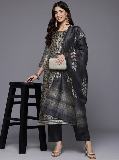 Dhiyona VR Women's Grey Floral Printed Round Neck Straight Kurta Paired With Bottom And Printed Dupatta