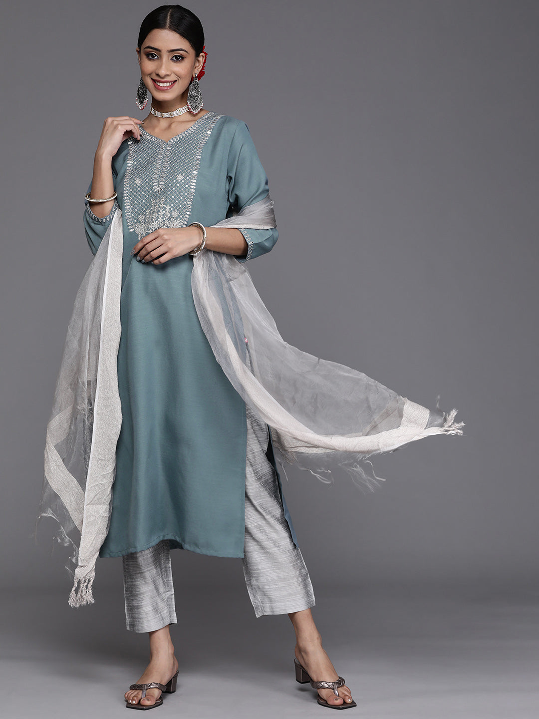 Dhiyona VR Women's Blue & Silver Sequinned Yoke Design Kurta With Trousers & Dupatta
