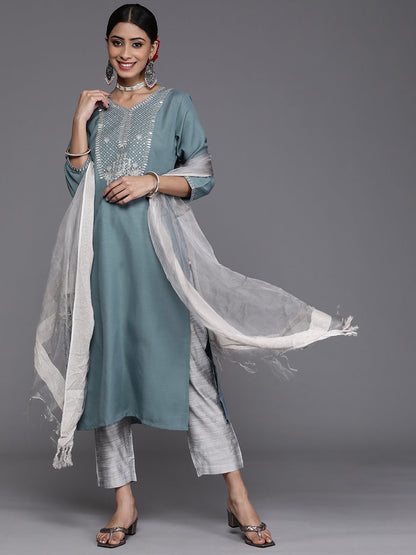 Dhiyona VR Women's Blue & Silver Sequinned Yoke Design Kurta With Trousers & Dupatta