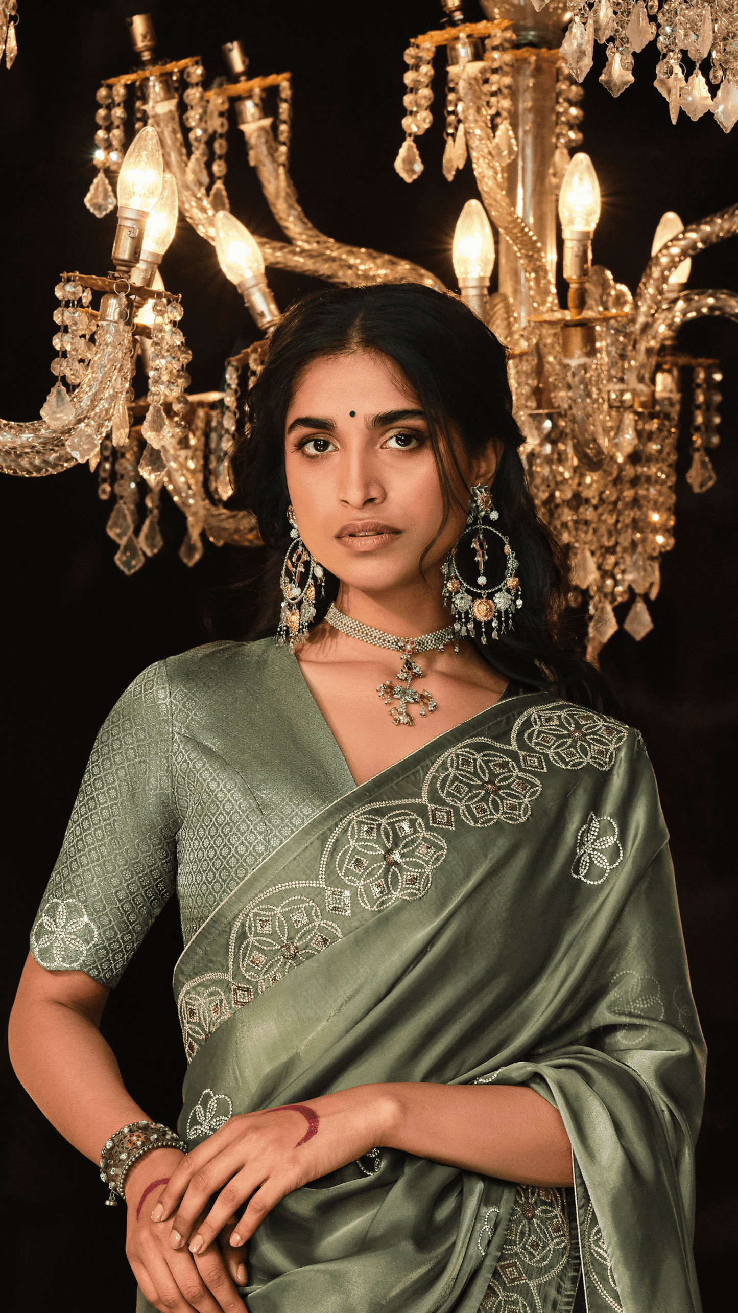 Dhiyona KM Women Olive Green Heavy Embroidered Designer Silk Saree