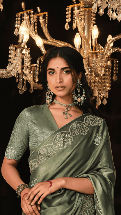 Dhiyona KM Women Olive Green Heavy Embroidered Designer Silk Saree