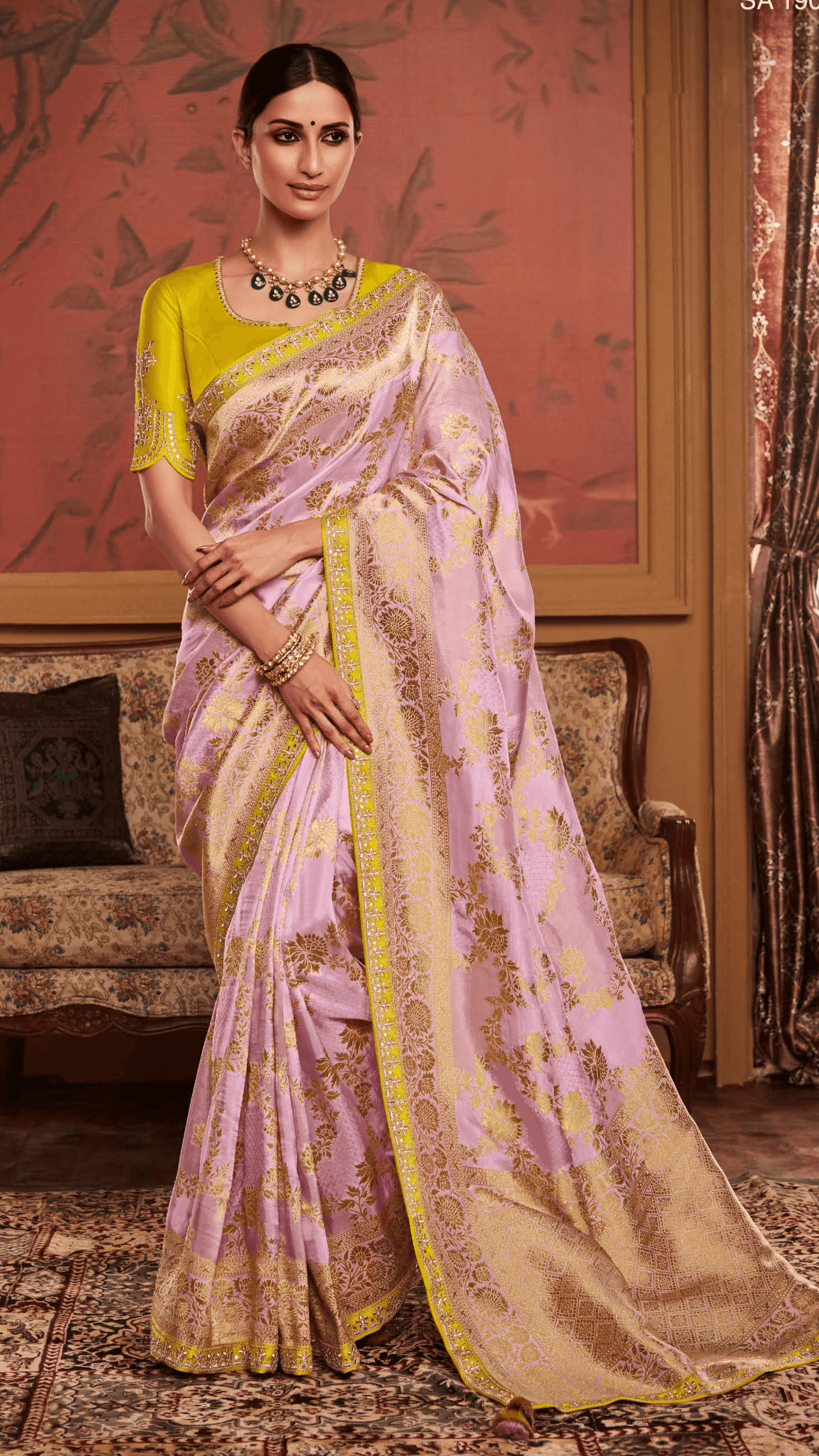 Dhiyona KM Women Pink Silk Woven Saree With Contrasting Yellow Blouse