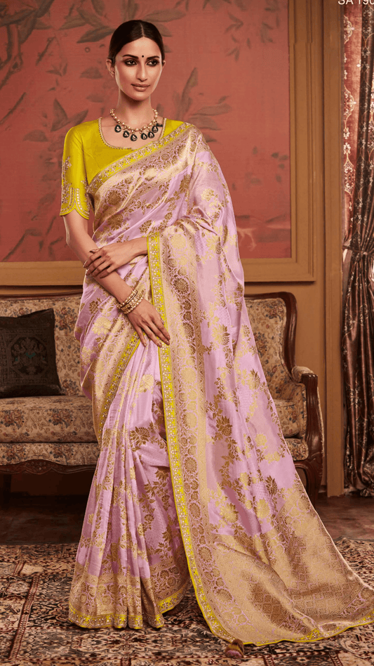 Dhiyona KM Women Pink Silk Woven Saree With Contrasting Yellow Blouse