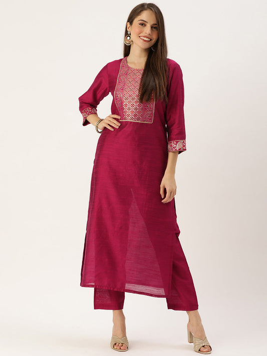 Dhiyona VR Women's Magenta Silk Kurta With Woven Yoke And Fully Elasticated Trouser