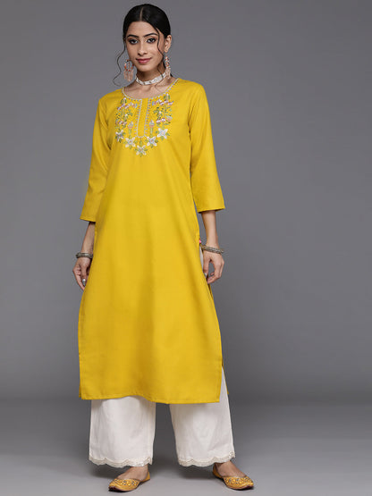Dhiyona VR Women's Mustard Yellow Floral Yoke Embroidered Straight Kurta
