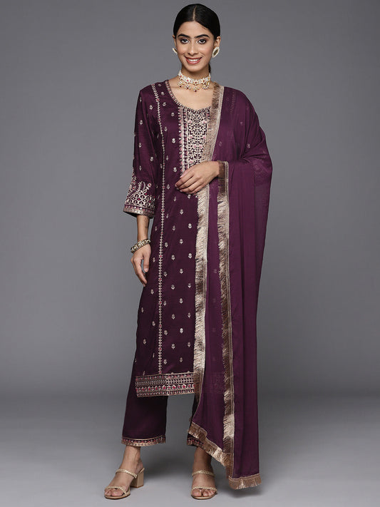 Dhiyona VR Women's Burgundy Embroidered Kurta Paired With Tonal Bottom And Dupatta