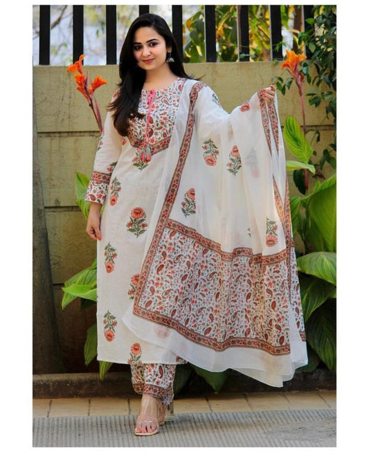 Women White Printed Viscose Rayon Kurta, Pant And Dupatta Set
