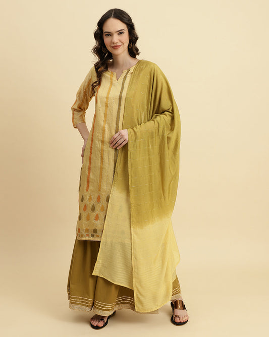 Dhiyona VR Women's Striped Chanderi Kurta With Sharara And Ombre Dupatta