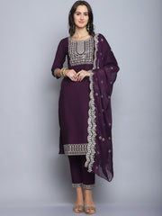 Women Wine Embroidery silk Kurta And Pant Set With Dupatta