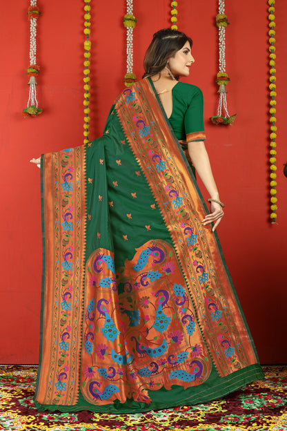Dhiyona GR Women's Fancy Mor Bottle Green Zari Paithani Silk Saree