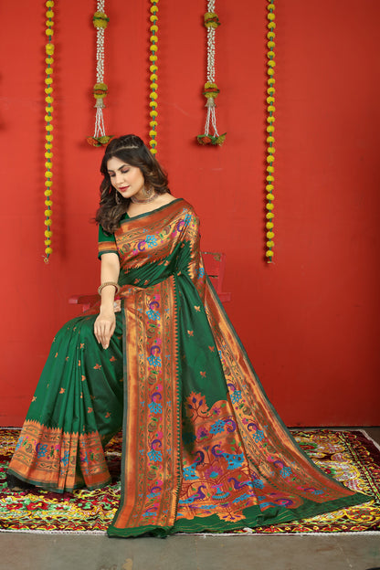 Dhiyona GR Women's Fancy Mor Bottle Green Zari Paithani Silk Saree