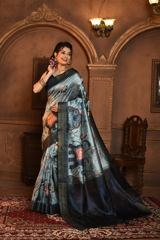 Dhiyona GR Women's Grey & Navy Soft Ghicha Tussar Silk Saree with Beautiful Kalamkari Printed Work
