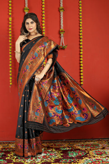Dhiyona GR Women's Fancy Mor Black Zari Paithani Silk Saree