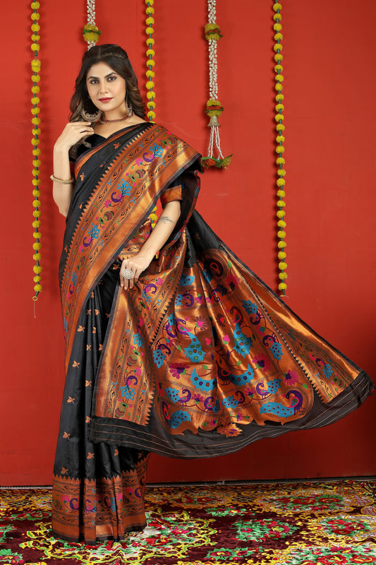 Dhiyona GR Women's Fancy Mor Black Zari Paithani Silk Saree