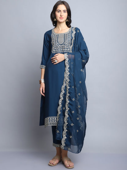 Women Navy Blue Embroidery silk Kurta And Pant Set With Dupatta