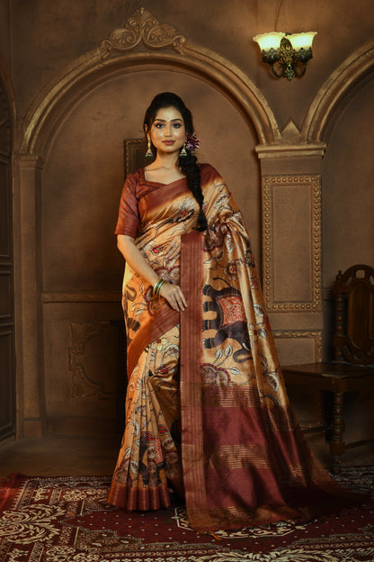Dhiyona GR Women's Beige & Maroon Soft Ghicha Tussar Silk Saree with Beautiful Kalamkari Printed Work