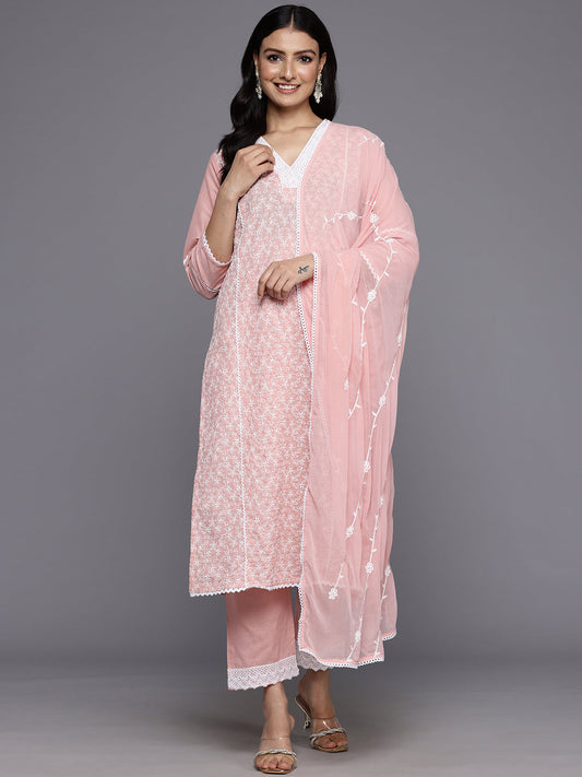 Dhiyona VR Women's Pink V Neck Thread Embroidered With Tonal Bottom And Chiffon Dupatta