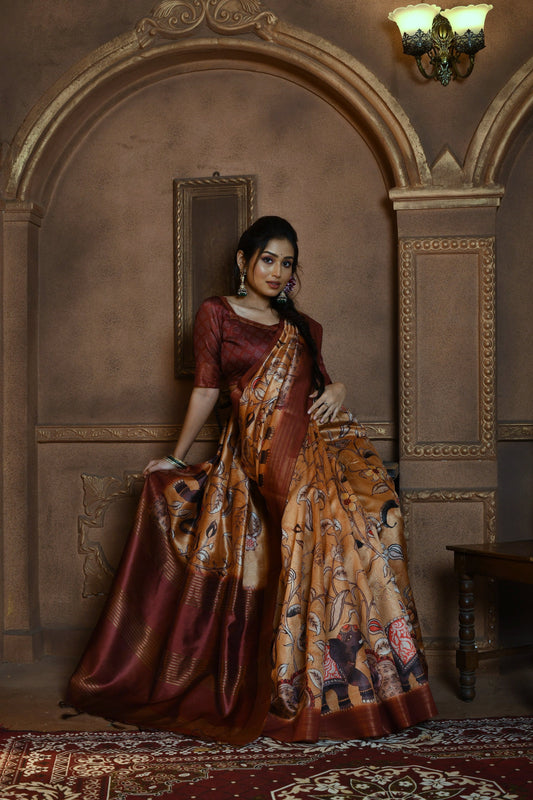 Dhiyona GR Women's Beige & Maroon Soft Ghicha Tussar Silk Saree with Beautiful Kalamkari Printed Work