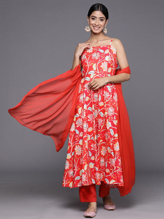 Dhiyona VR Women's Red Floral Printed Anarkali Kurta Paired With Tonal Bottom And Dupatta