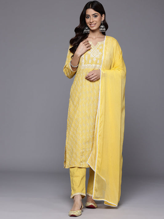 Dhiyona VR Women's Mustard Woven Design Round Neck, Three Quarter Sleeves Paired With Tonal Bottom And Dupatta