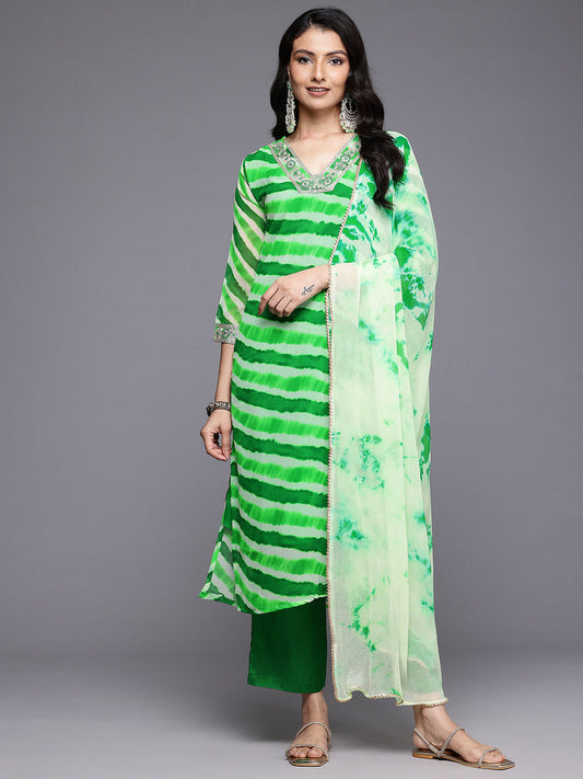 Dhiyona VR Women's Green Leheriya Zari And Sequins Embroidered Kurta Set With Dupatta